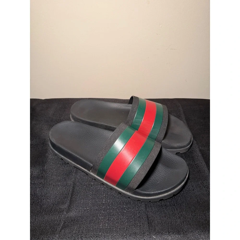 Gucci Mens Web Stripe Rubber Slide Sandals Black Lug Sole Made in Italy